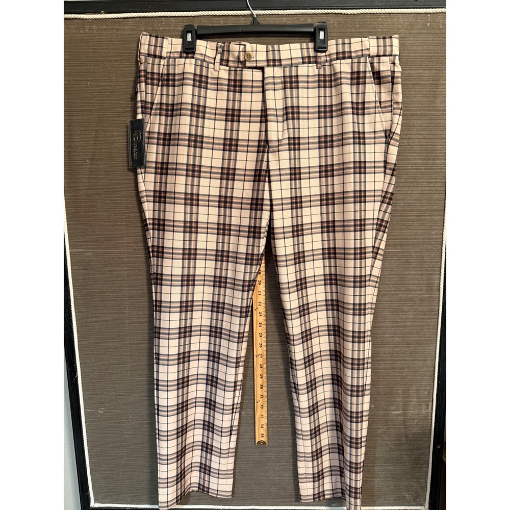 Barocco Los Angeles Mens Slim Fit Plaid Slacks Beige Green PP100 Size 40 NWT
